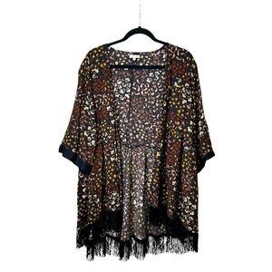 Maurices L Black Floral Print Fringe Kimono